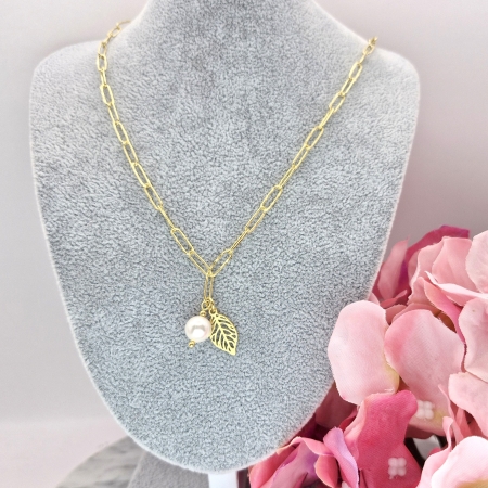 NASZYJNIK SREBRNY SPINACZ ŁAŃCUCH PERŁA LIŚĆ AŻUROWY SREBRO 925 ZŁOCONE